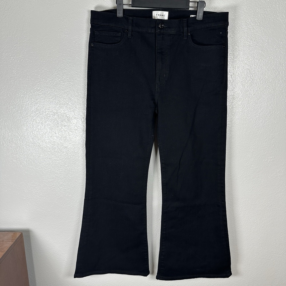 NEW Frame The Pixie Icon Mid Rise Flare Jeans Womens 32 Black Wash Blue Classic